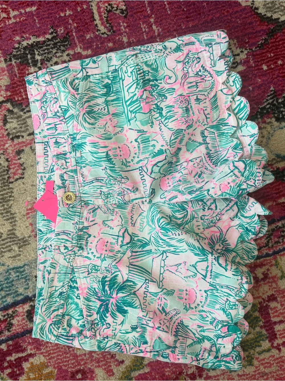 Lilly Pulitzer Pink and Teal Scallop Hem Printed Cotton Shorts